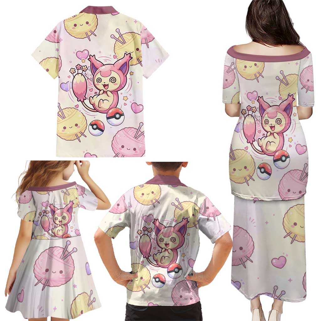 Skitty Pokémon Family Matching Puletasi and Hawaiian Shirt Pastel Kawaii Yarn Art Style