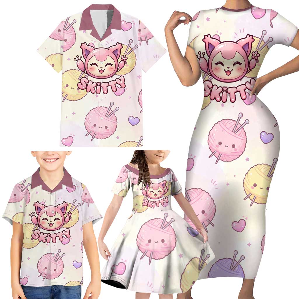 Skitty Pokémon Family Matching Short Sleeve Bodycon Dress and Hawaiian Shirt Pastel Kawaii Yarn Art Style