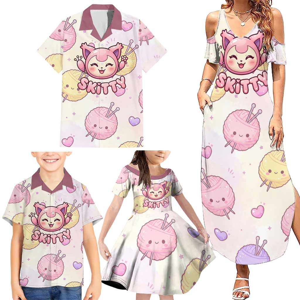 Skitty Pokémon Family Matching Summer Maxi Dress and Hawaiian Shirt Pastel Kawaii Yarn Art Style