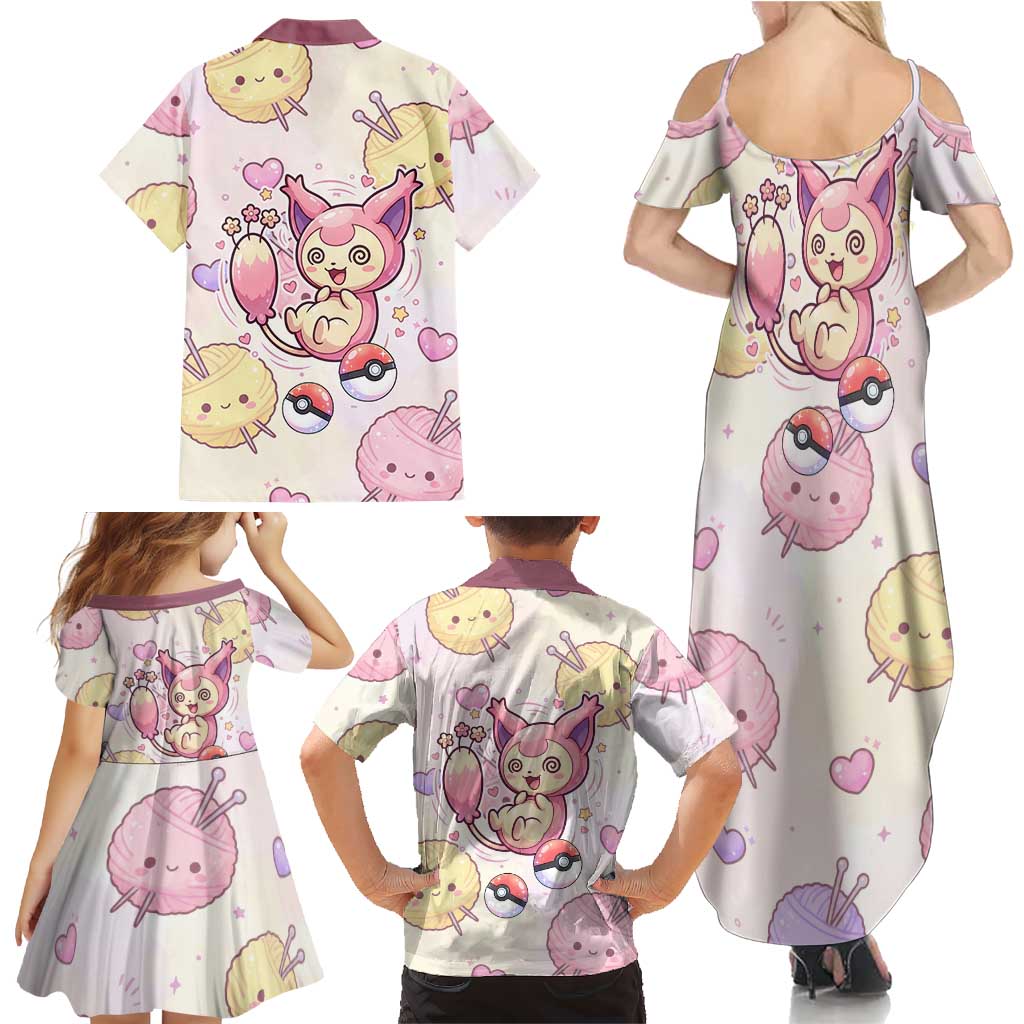 Skitty Pokémon Family Matching Summer Maxi Dress and Hawaiian Shirt Pastel Kawaii Yarn Art Style