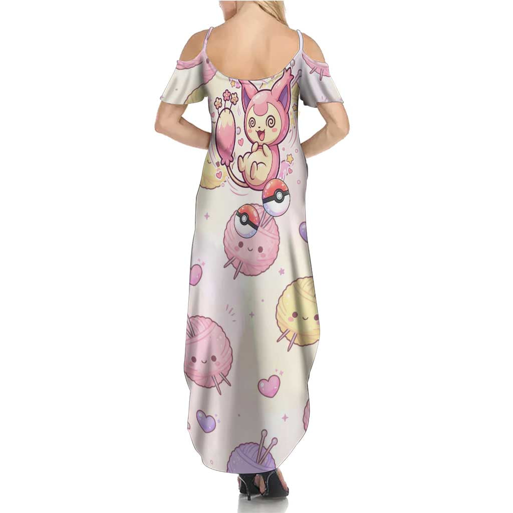 Skitty Pokémon Family Matching Summer Maxi Dress and Hawaiian Shirt Pastel Kawaii Yarn Art Style