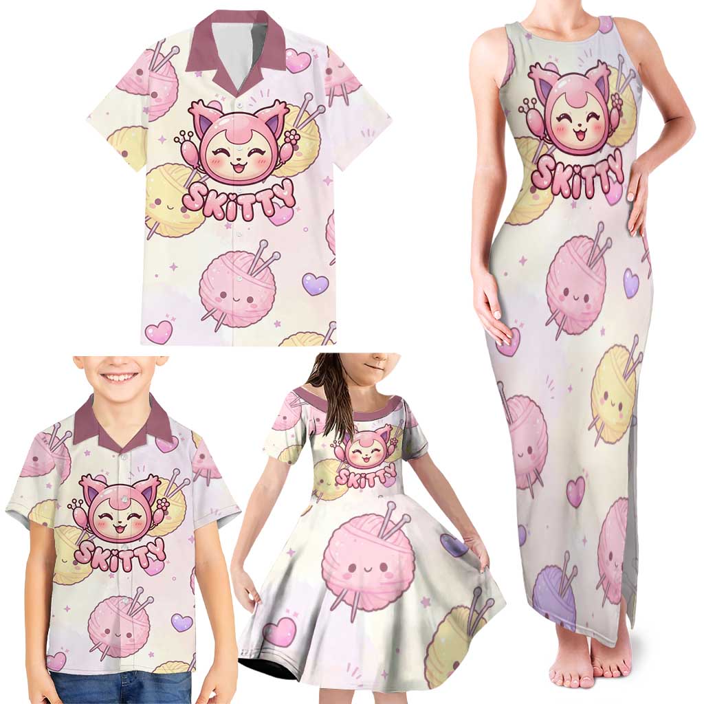 Skitty Pokémon Family Matching Tank Maxi Dress and Hawaiian Shirt Pastel Kawaii Yarn Art Style