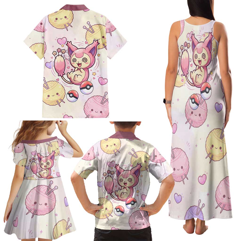 Skitty Pokémon Family Matching Tank Maxi Dress and Hawaiian Shirt Pastel Kawaii Yarn Art Style