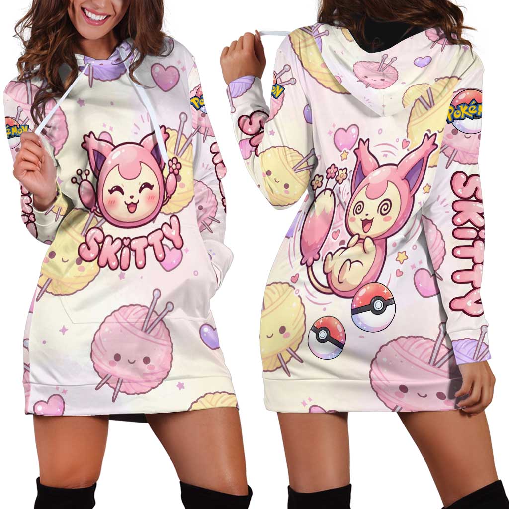 Skitty Pokémon Hoodie Dress Pastel Kawaii Yarn Art Style
