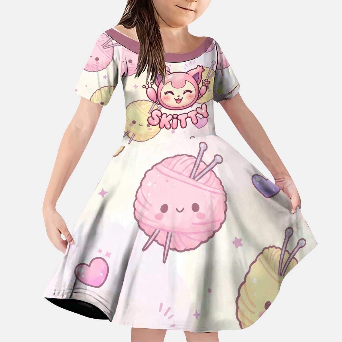 Skitty Pokémon Kid Short Sleeve Dress Pastel Kawaii Yarn Art Style