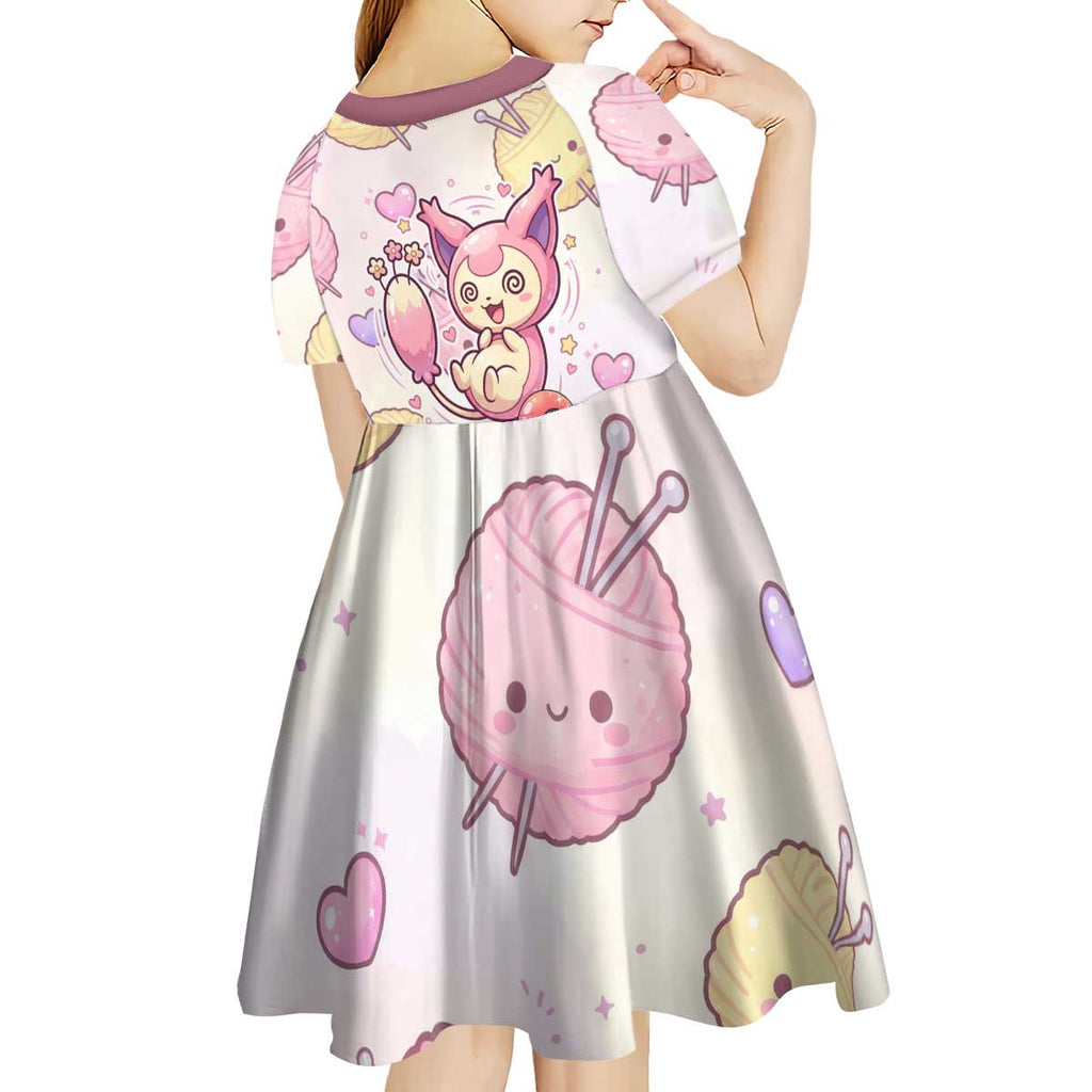Skitty Pokémon Kid Short Sleeve Dress Pastel Kawaii Yarn Art Style