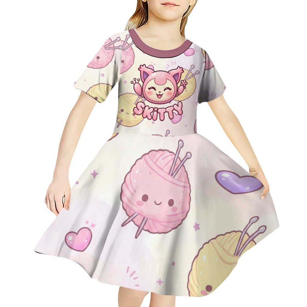 Skitty Pokémon Kid Short Sleeve Dress Pastel Kawaii Yarn Art Style