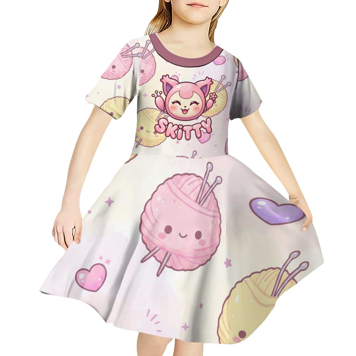 Skitty Pokémon Kid Short Sleeve Dress Pastel Kawaii Yarn Art Style