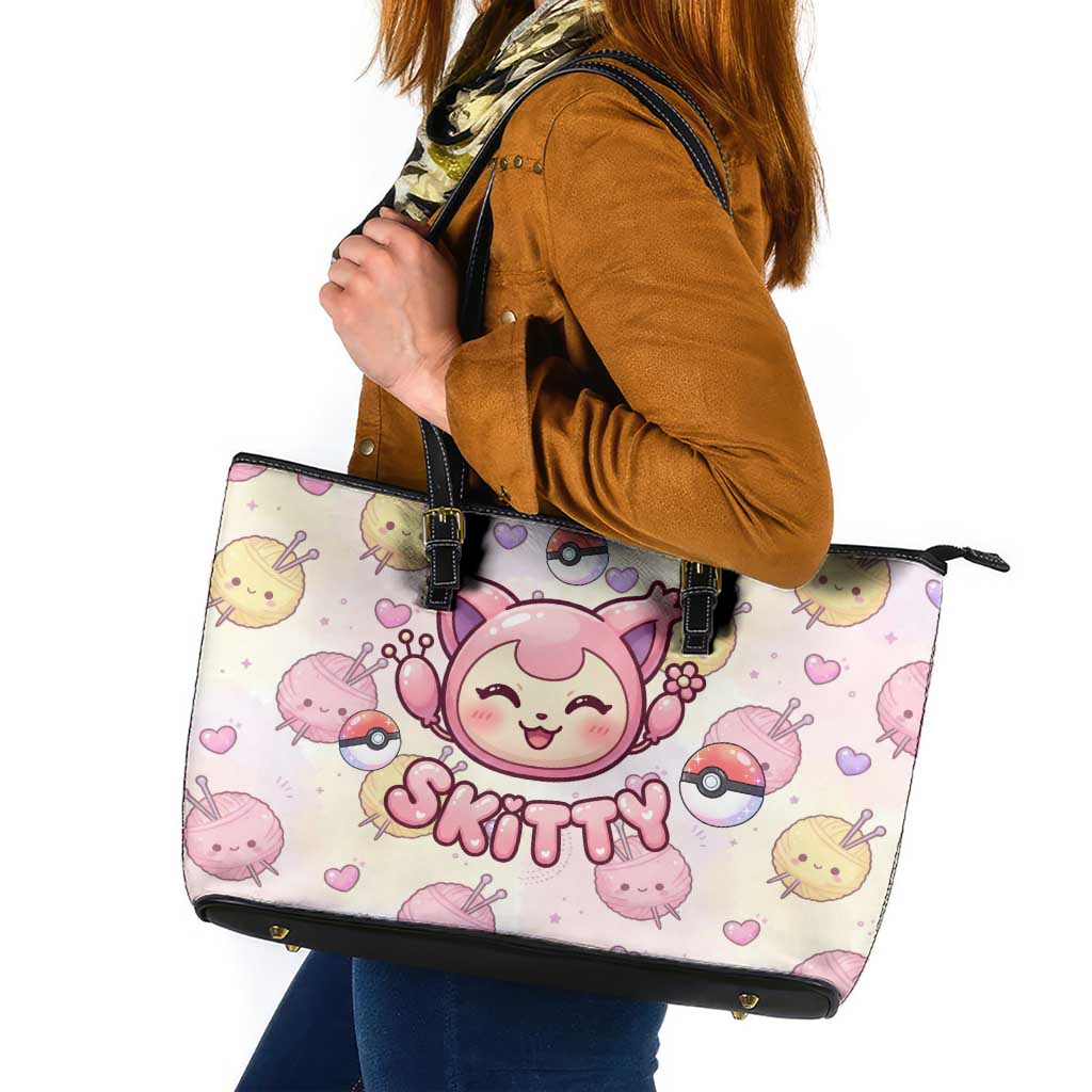 Skitty Pokémon Leather Tote Bag Pastel Kawaii Yarn Art Style