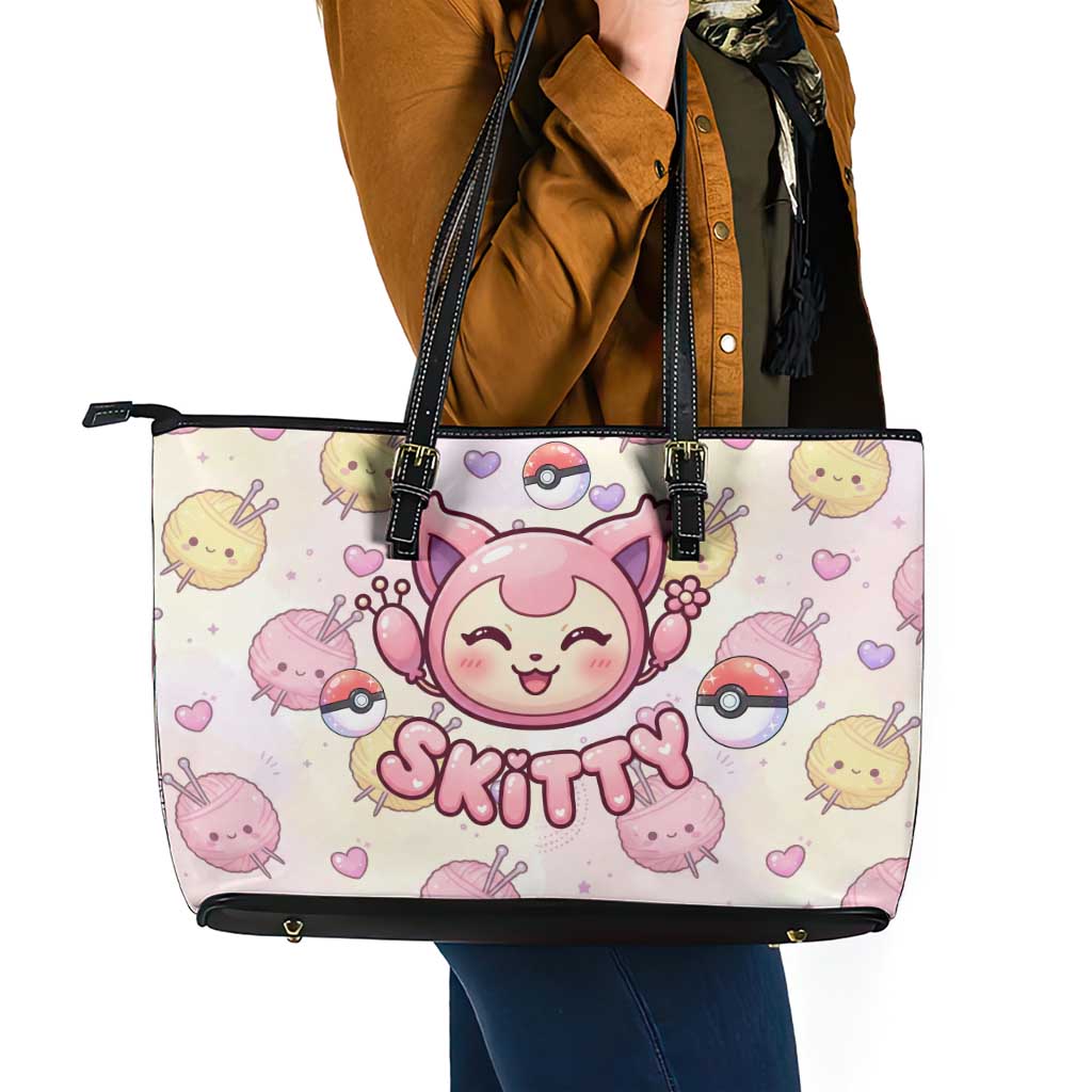 Skitty Pokémon Leather Tote Bag Pastel Kawaii Yarn Art Style