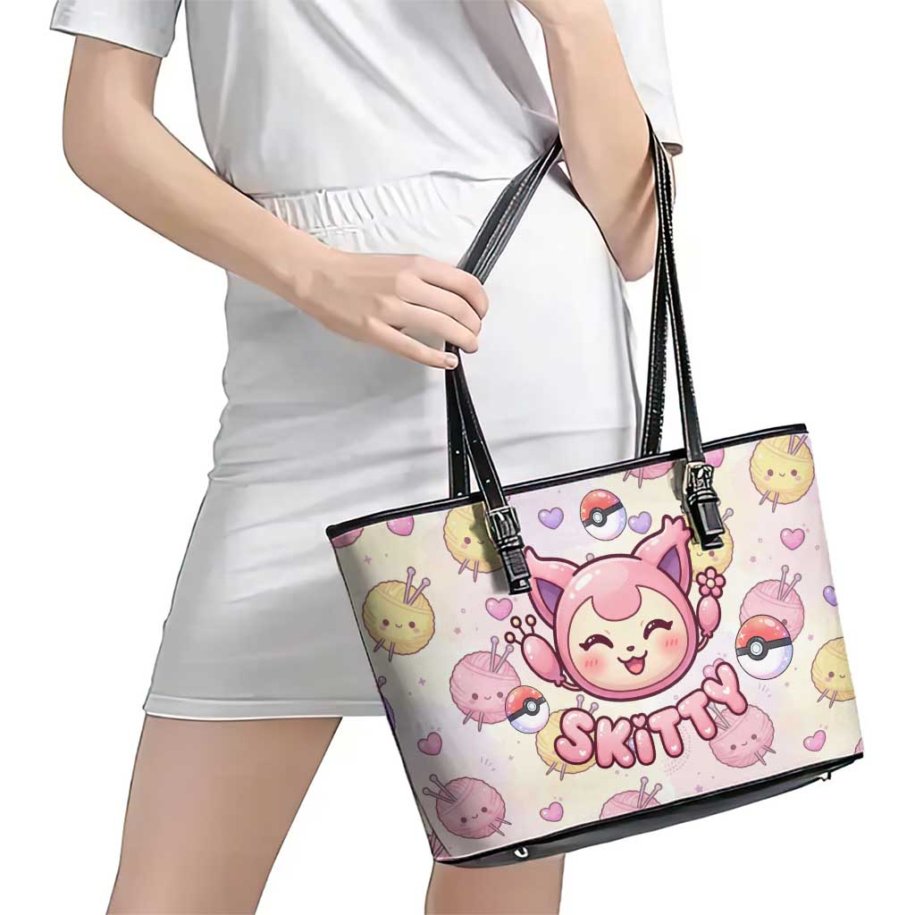 Skitty Pokémon Leather Tote Bag Pastel Kawaii Yarn Art Style