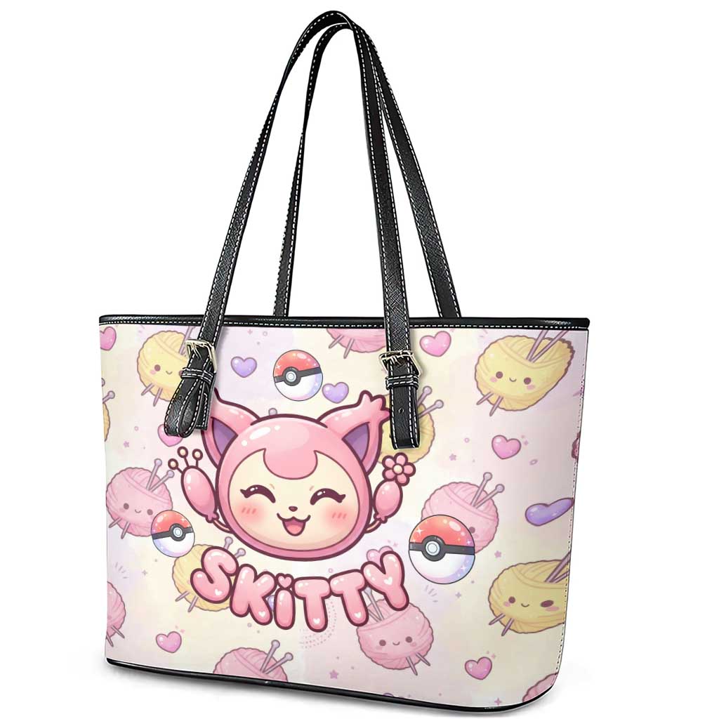 Skitty Pokémon Leather Tote Bag Pastel Kawaii Yarn Art Style
