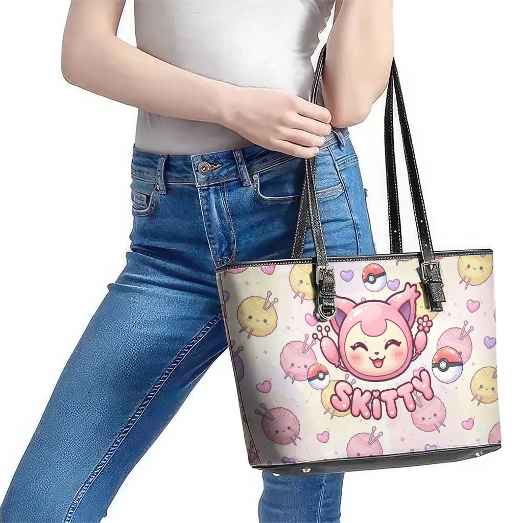 Skitty Pokémon Leather Tote Bag Pastel Kawaii Yarn Art Style