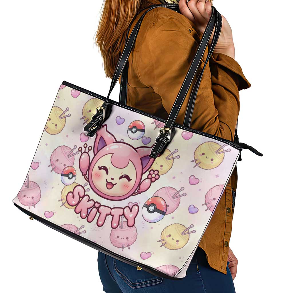 Skitty Pokémon Leather Tote Bag Pastel Kawaii Yarn Art Style