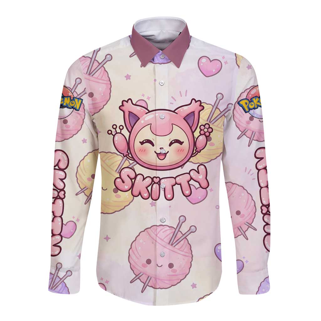 Skitty Pokémon Long Sleeve Button Shirt Pastel Kawaii Yarn Art Style