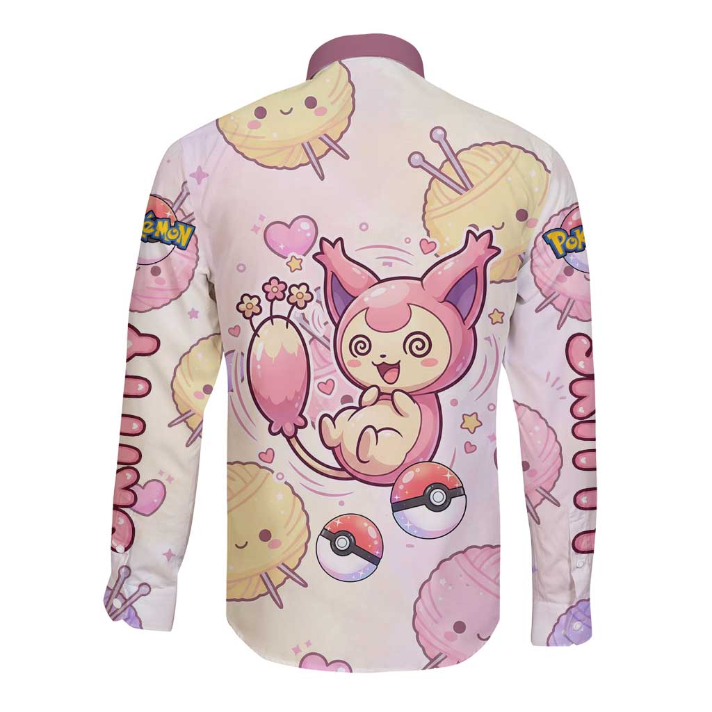 Skitty Pokémon Long Sleeve Button Shirt Pastel Kawaii Yarn Art Style