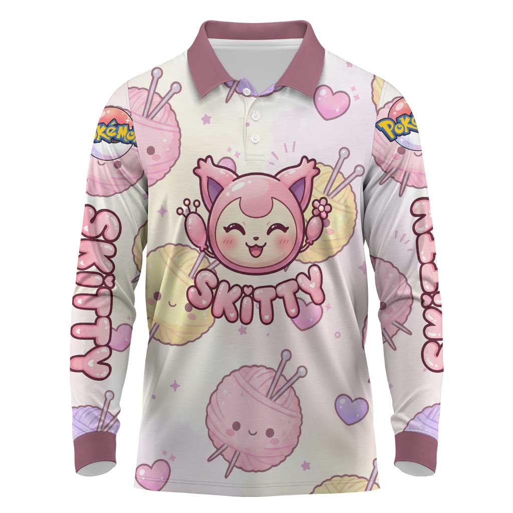 Skitty Pokémon Long Sleeve Polo Shirt Pastel Kawaii Yarn Art Style