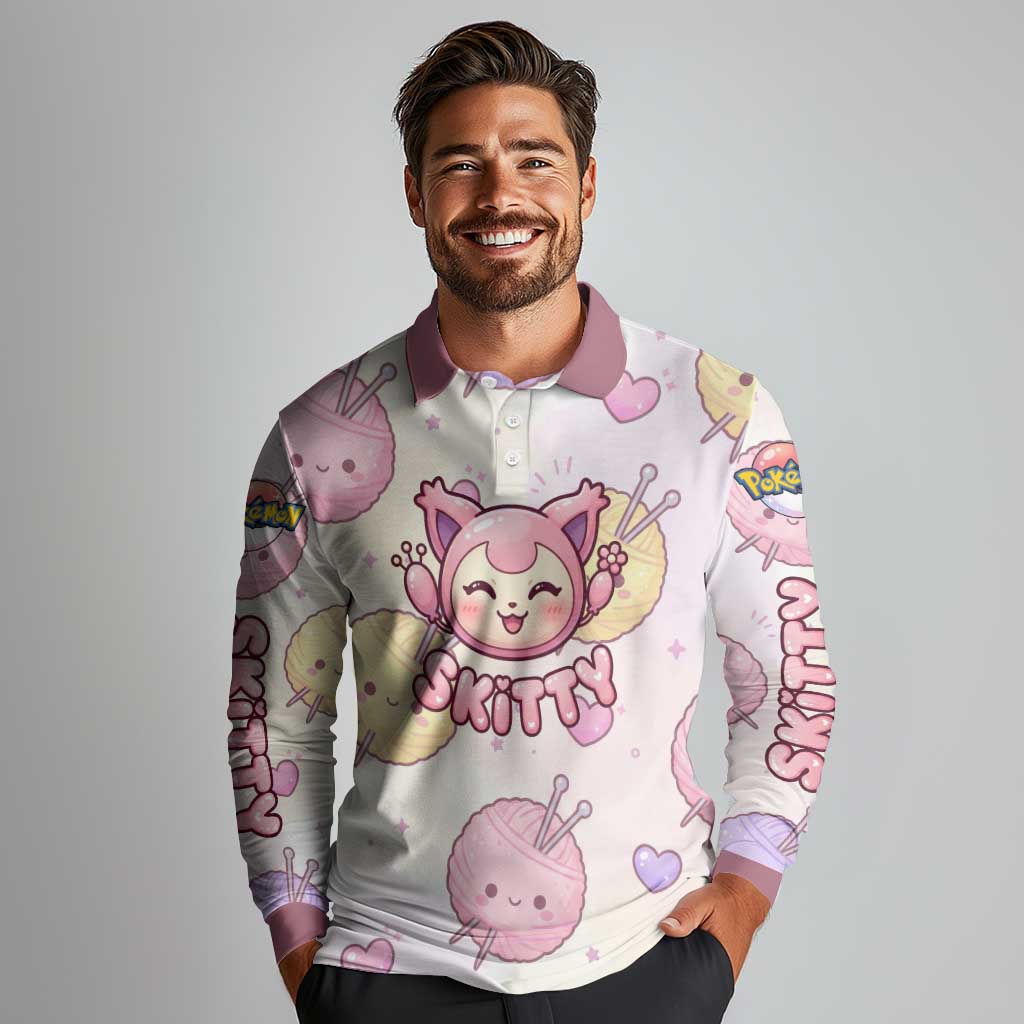 Skitty Pokémon Long Sleeve Polo Shirt Pastel Kawaii Yarn Art Style