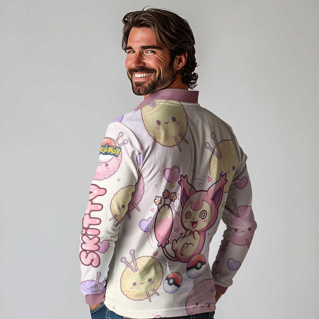 Skitty Pokémon Long Sleeve Polo Shirt Pastel Kawaii Yarn Art Style