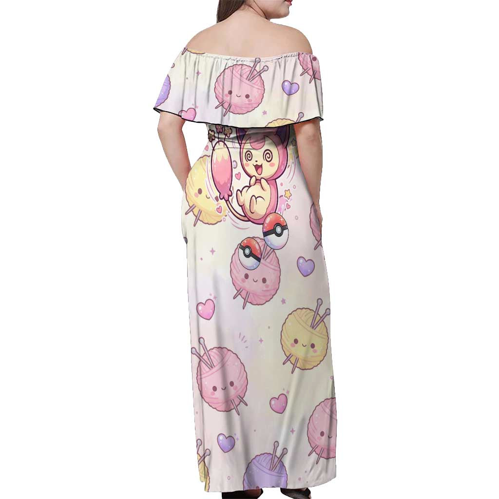Skitty Pokémon Off Shoulder Maxi Dress Pastel Kawaii Yarn Art Style