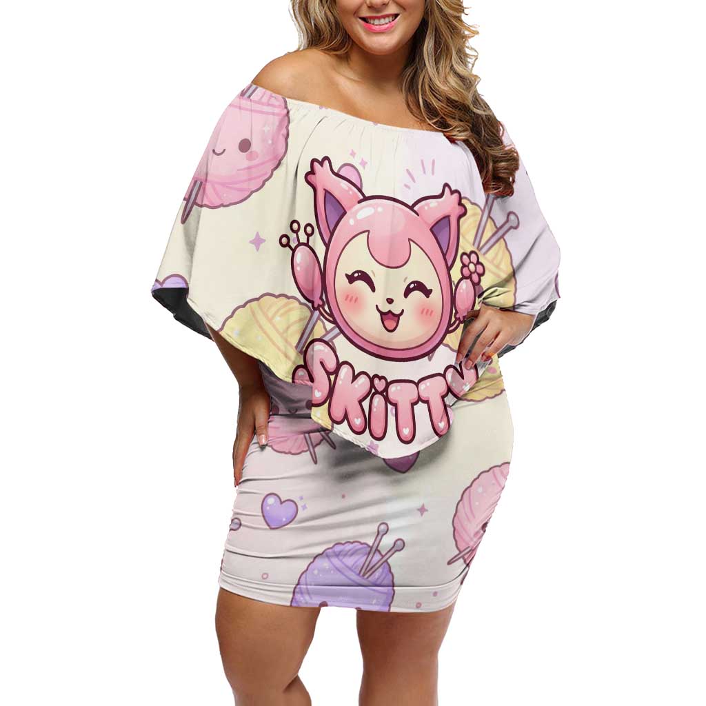 Skitty Pokémon Off Shoulder Short Dress Pastel Kawaii Yarn Art Style