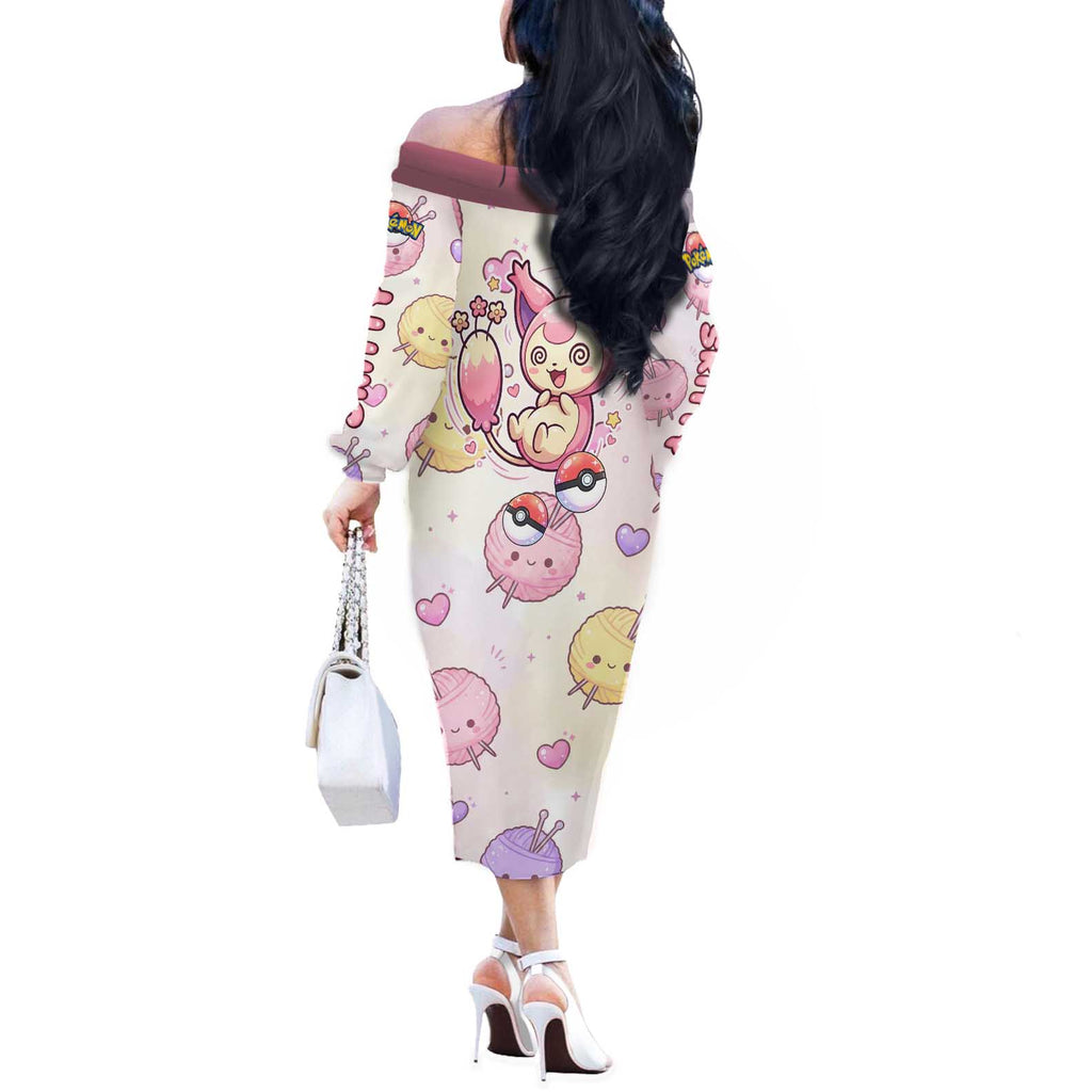 Skitty Pokémon Off The Shoulder Long Sleeve Dress Pastel Kawaii Yarn Art Style
