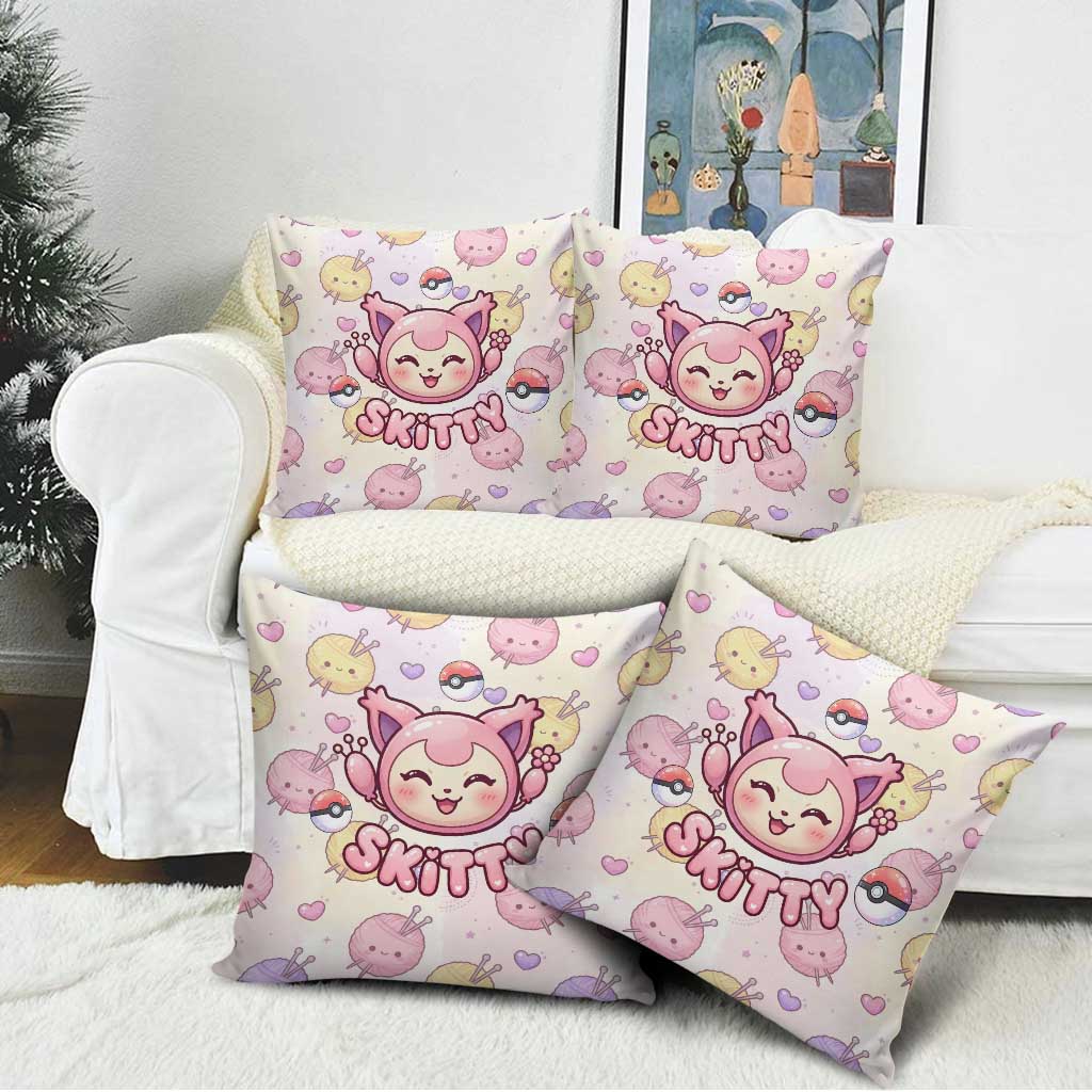 Skitty Pokémon Pillow Cover Pastel Kawaii Yarn Art Style