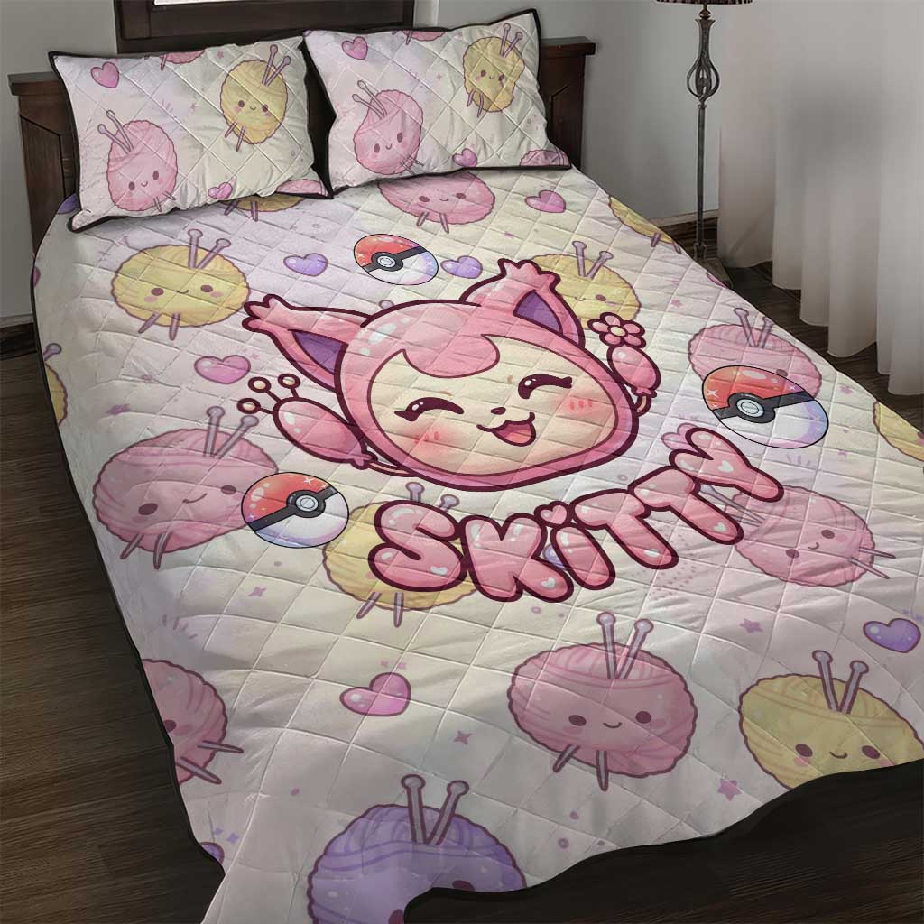 Skitty Pokémon Quilt Bed Set Pastel Kawaii Yarn Art Style