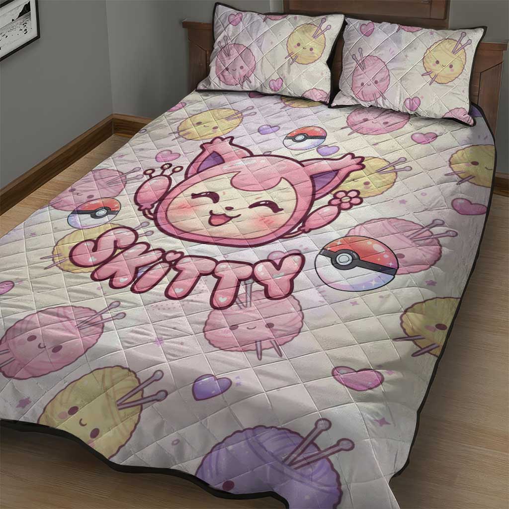 Skitty Pokémon Quilt Bed Set Pastel Kawaii Yarn Art Style
