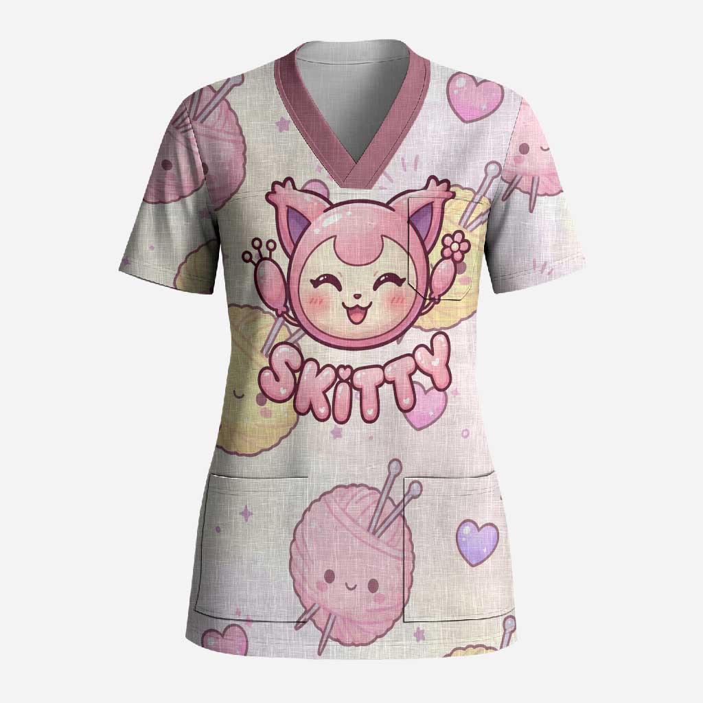 Skitty Pokémon Scrub Top Pastel Kawaii Yarn Art Style