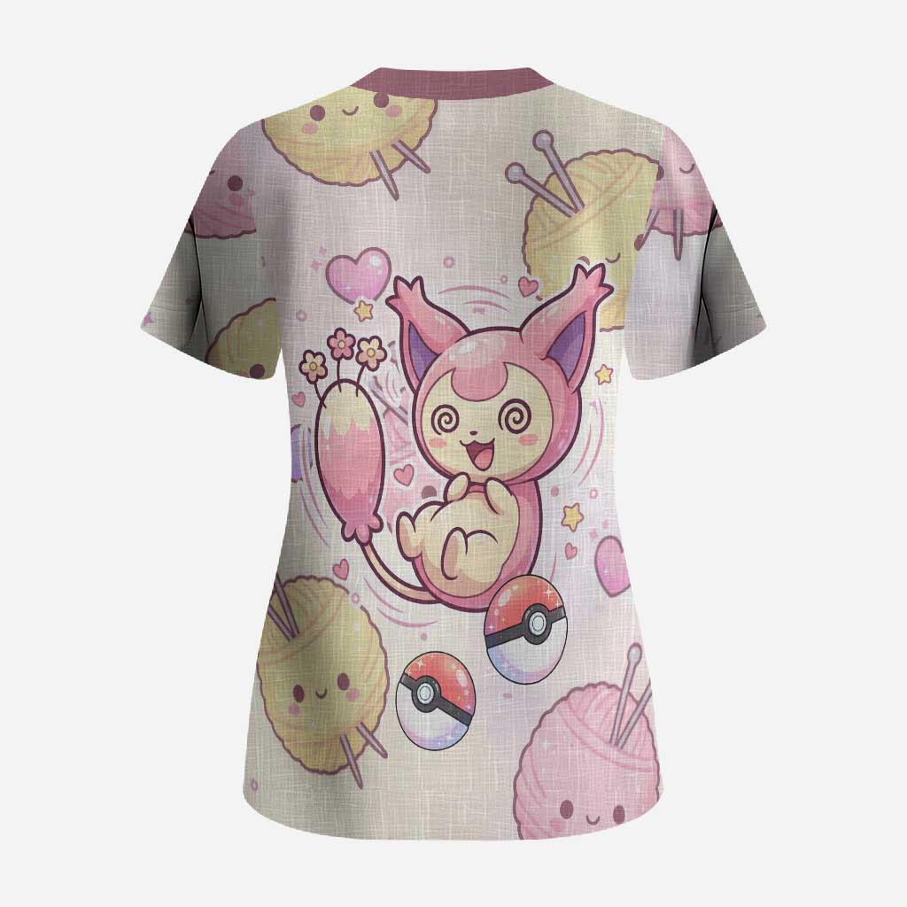 Skitty Pokémon Scrub Top Pastel Kawaii Yarn Art Style
