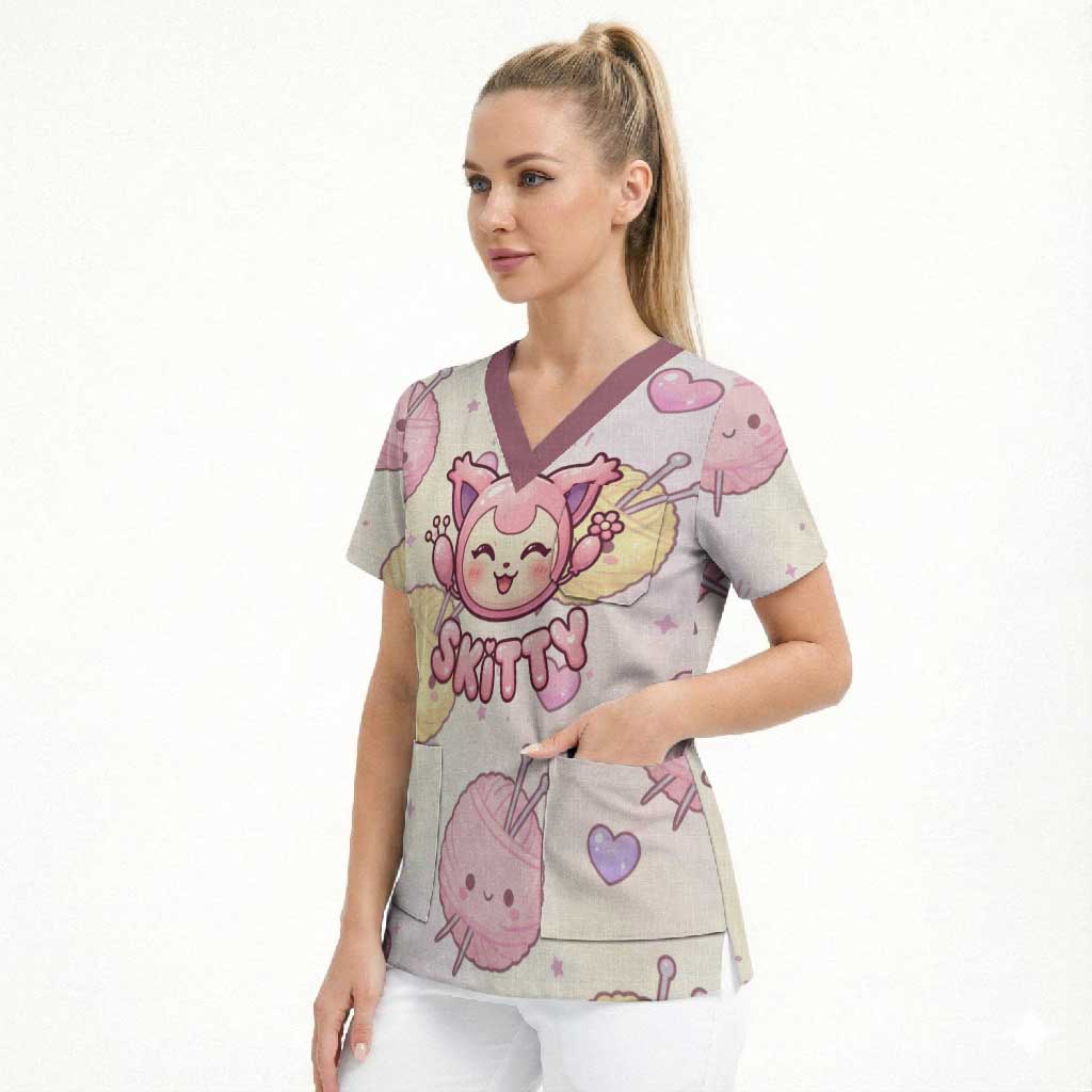 Skitty Pokémon Scrub Top Pastel Kawaii Yarn Art Style