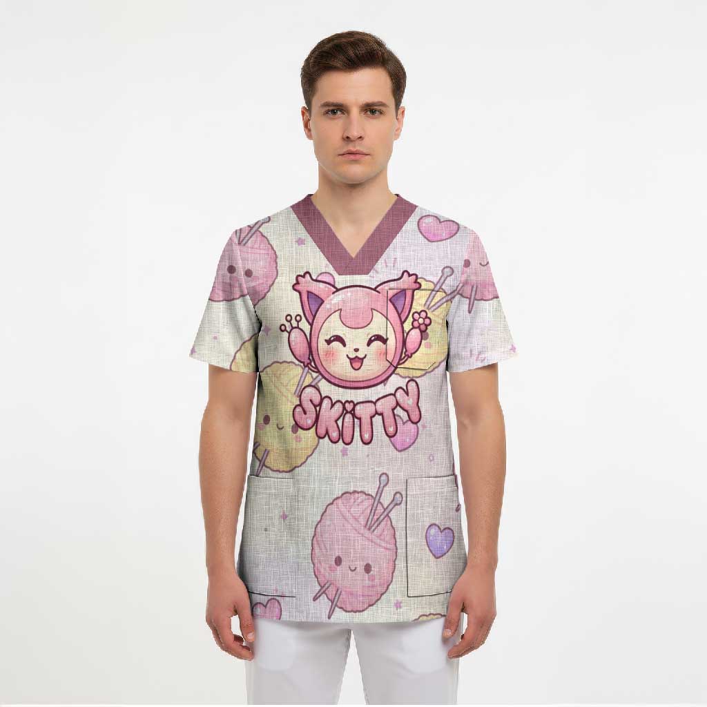 Skitty Pokémon Scrub Top Pastel Kawaii Yarn Art Style