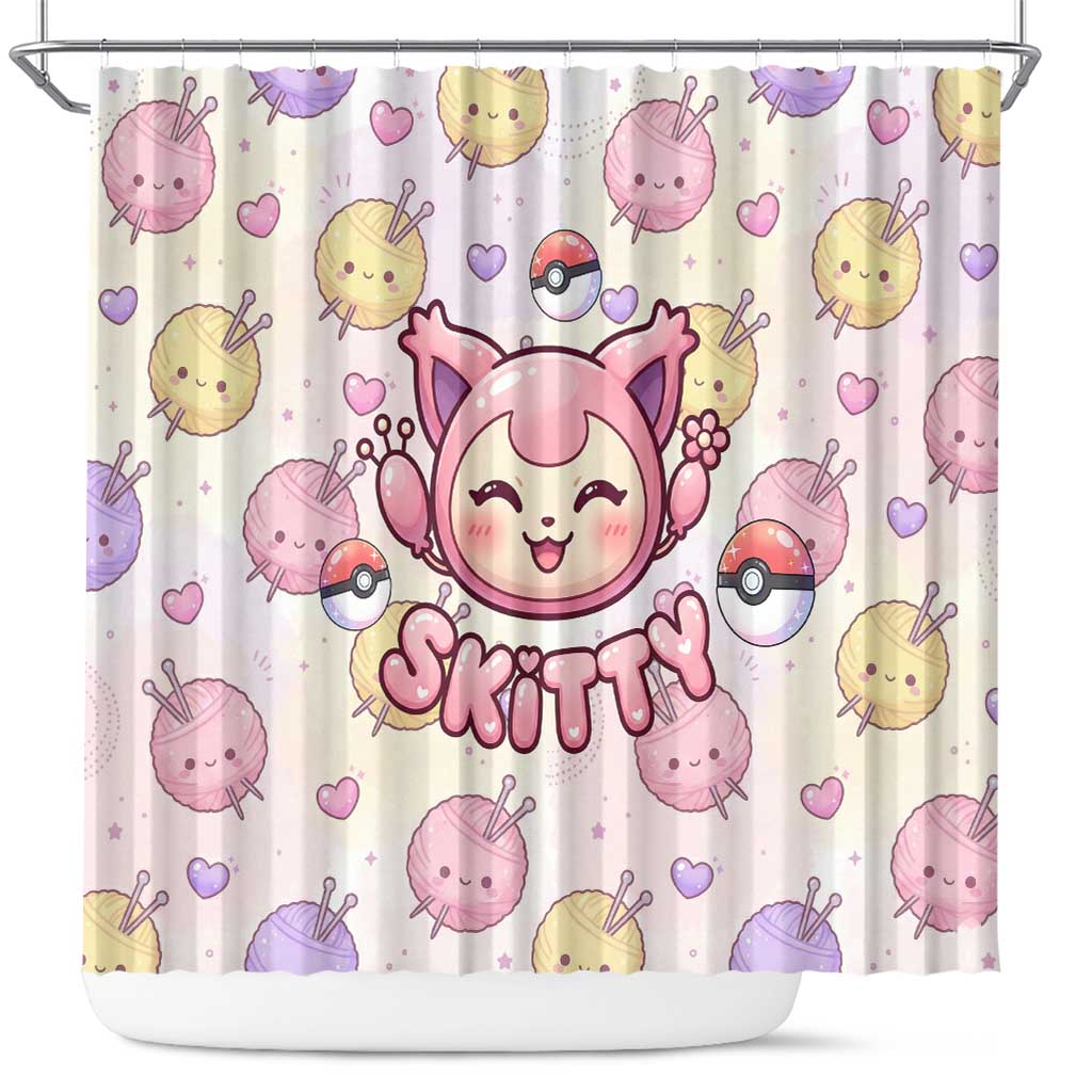 Skitty Pokémon Shower Curtain Pastel Kawaii Yarn Art Style
