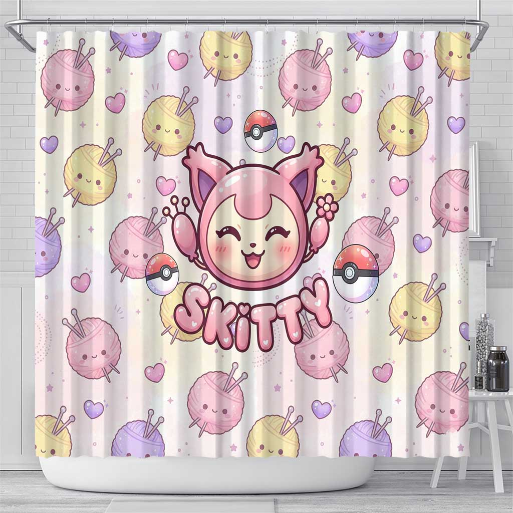 Skitty Pokémon Shower Curtain Pastel Kawaii Yarn Art Style