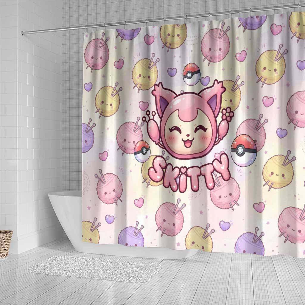 Skitty Pokémon Shower Curtain Pastel Kawaii Yarn Art Style