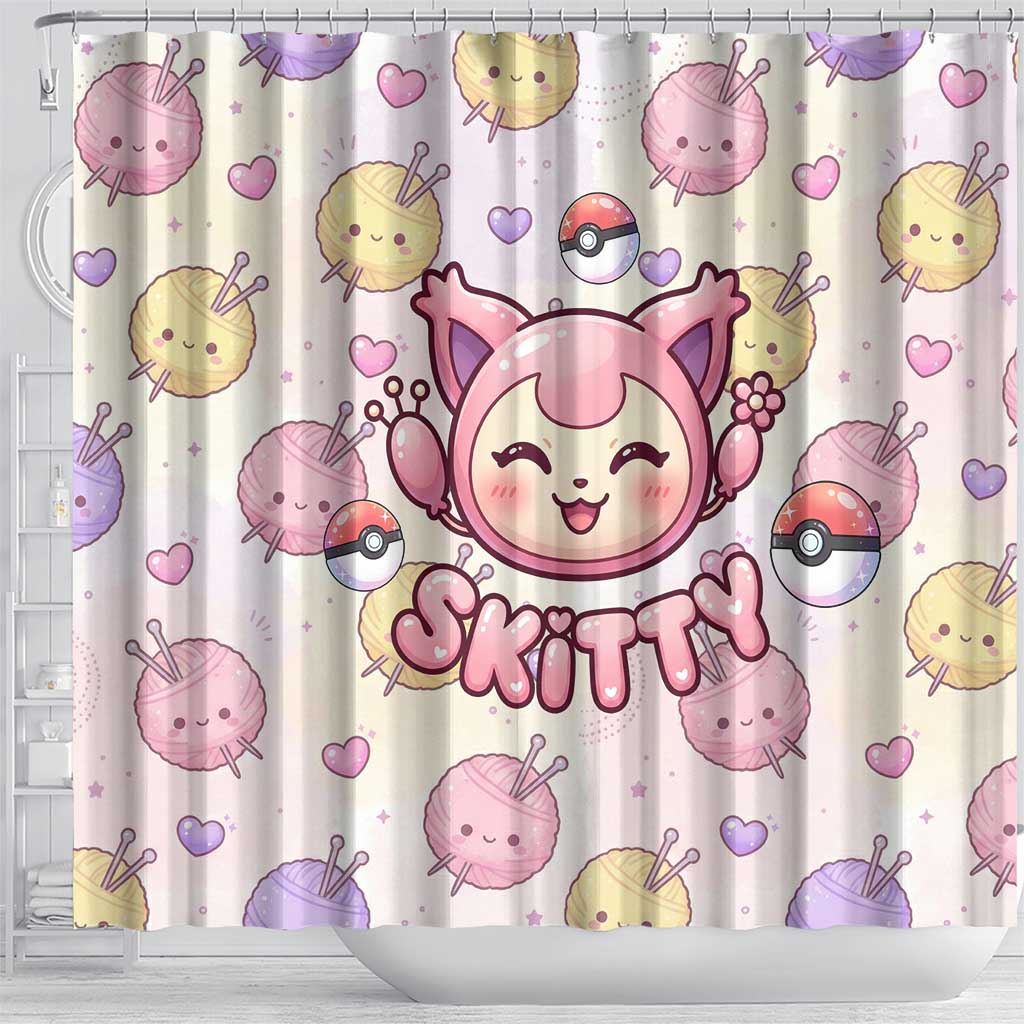 Skitty Pokémon Shower Curtain Pastel Kawaii Yarn Art Style