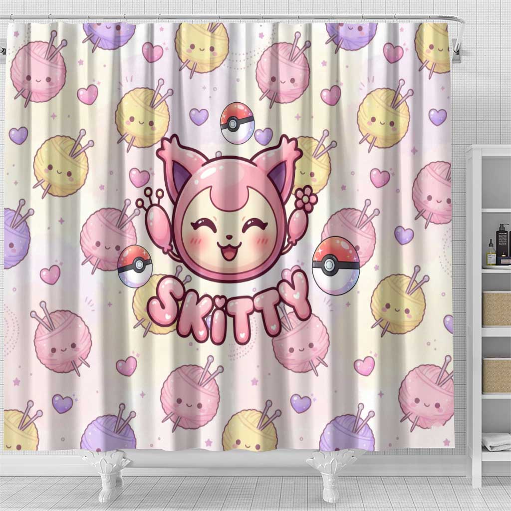 Skitty Pokémon Shower Curtain Pastel Kawaii Yarn Art Style