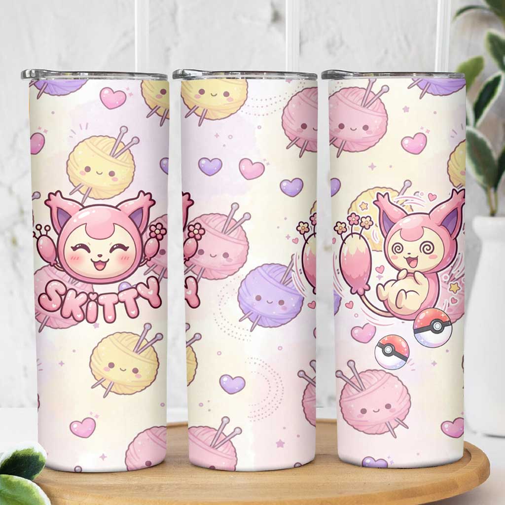 Skitty Pokémon Skinny Tumbler Pastel Kawaii Yarn Art Style