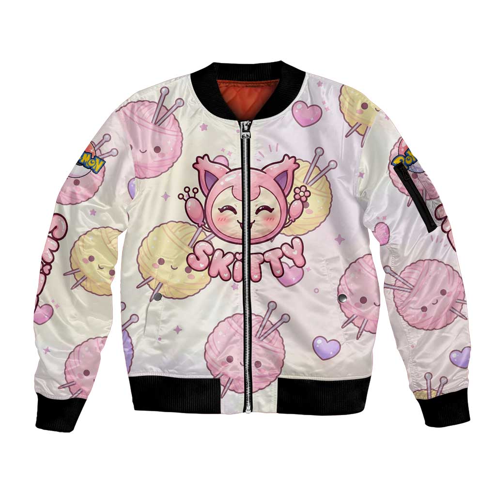 Skitty Pokémon Sleeve Zip Bomber Jacket Pastel Kawaii Yarn Art Style