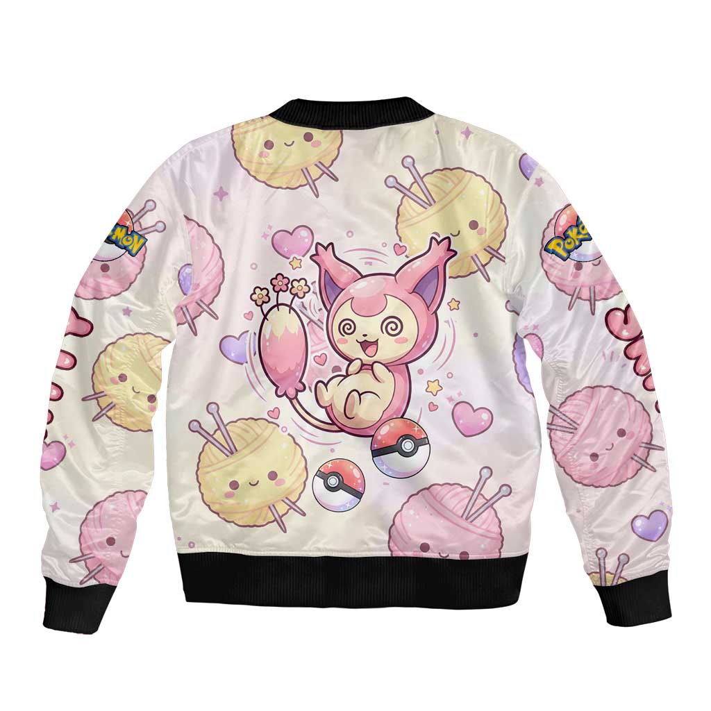 Skitty Pokémon Sleeve Zip Bomber Jacket Pastel Kawaii Yarn Art Style
