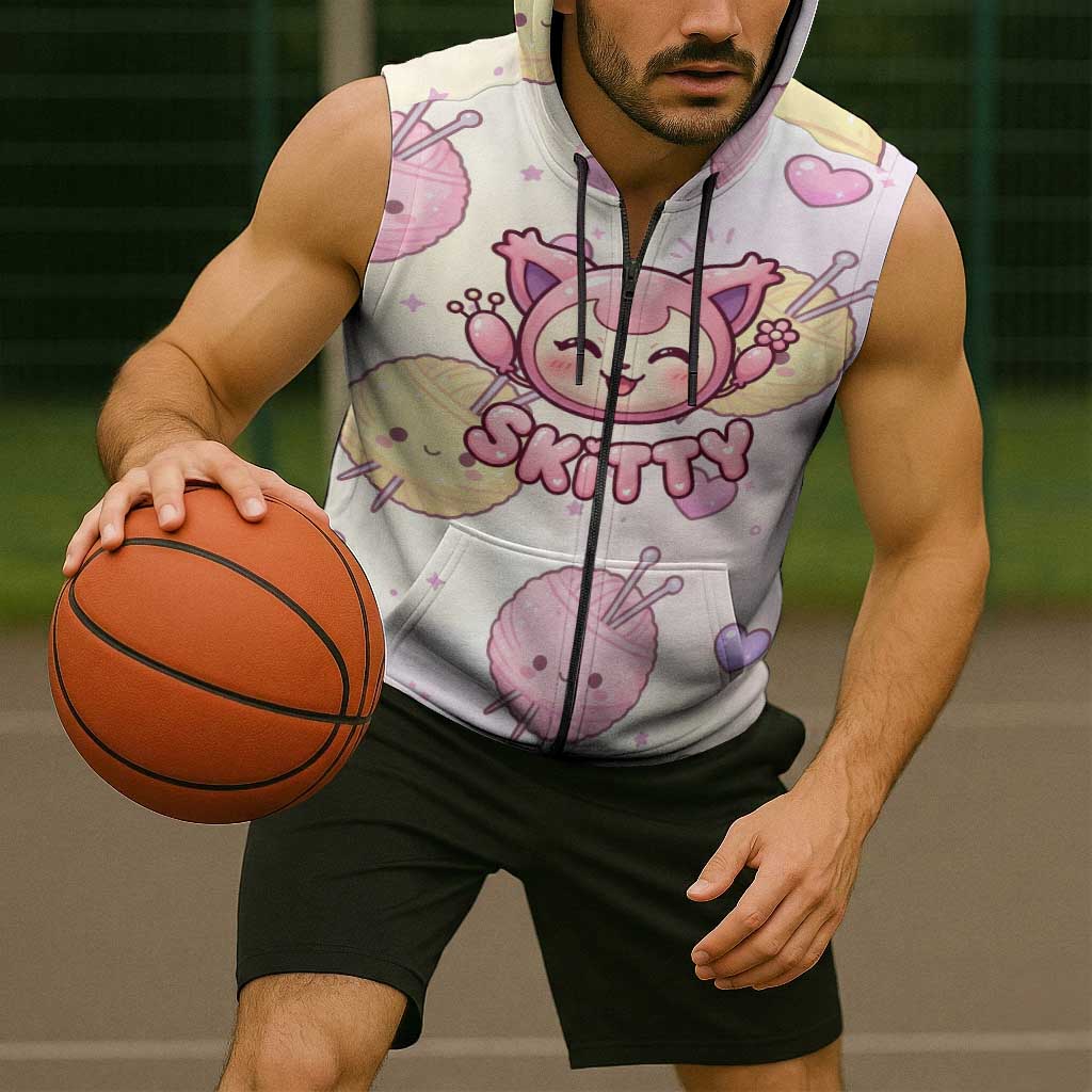 Skitty Pokémon Sleeveless Zip Hoodie Pastel Kawaii Yarn Art Style