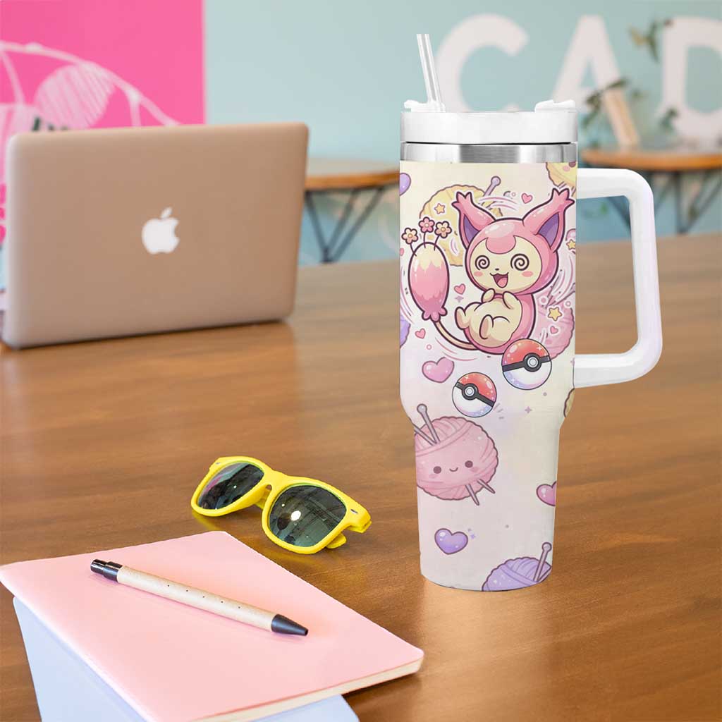 Skitty Pokémon Tumbler With Handle Pastel Kawaii Yarn Art Style