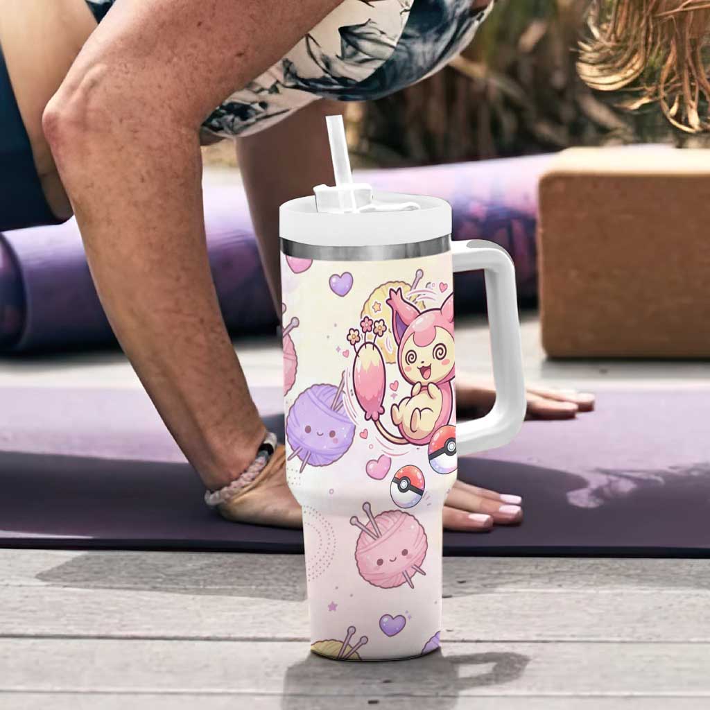 Skitty Pokémon Tumbler With Handle Pastel Kawaii Yarn Art Style