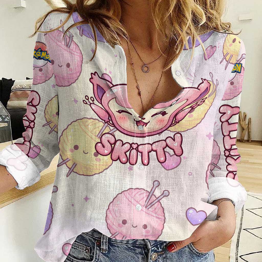 Skitty Pokémon Women Casual Shirt Pastel Kawaii Yarn Art Style