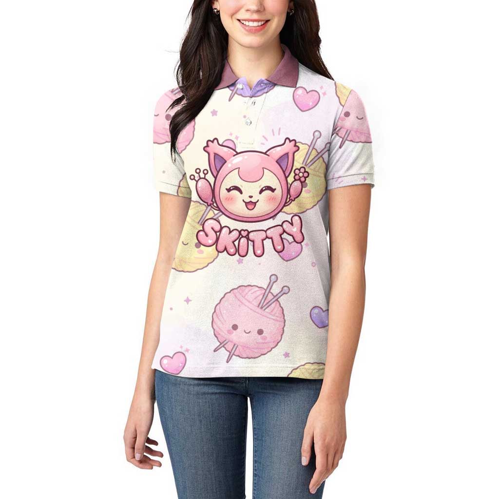 Skitty Pokémon Women Polo Shirt Pastel Kawaii Yarn Art Style