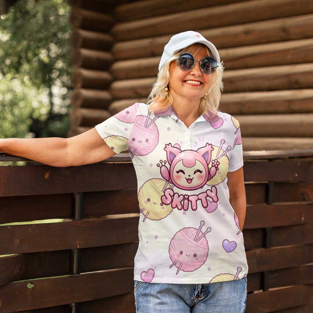 Skitty Pokémon Women Polo Shirt Pastel Kawaii Yarn Art Style