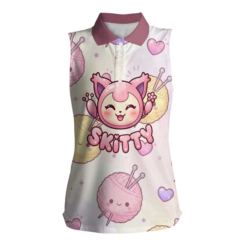 Skitty Pokémon Women Sleeveless Polo Shirt Pastel Kawaii Yarn Art Style