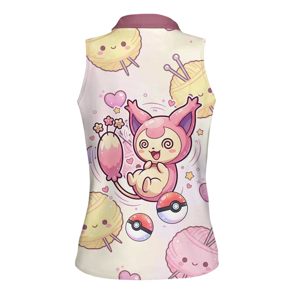 Skitty Pokémon Women Sleeveless Polo Shirt Pastel Kawaii Yarn Art Style