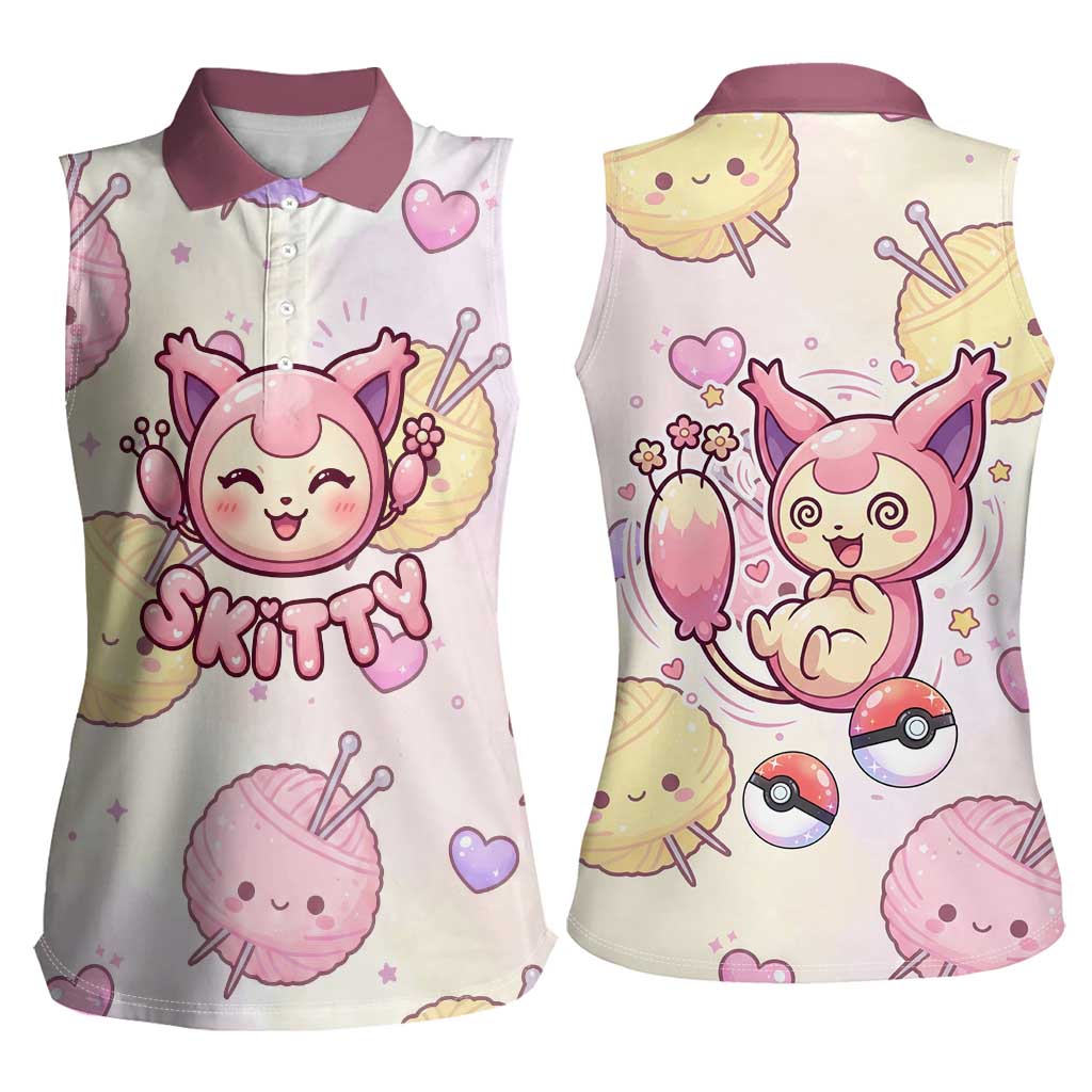 Skitty Pokémon Women Sleeveless Polo Shirt Pastel Kawaii Yarn Art Style
